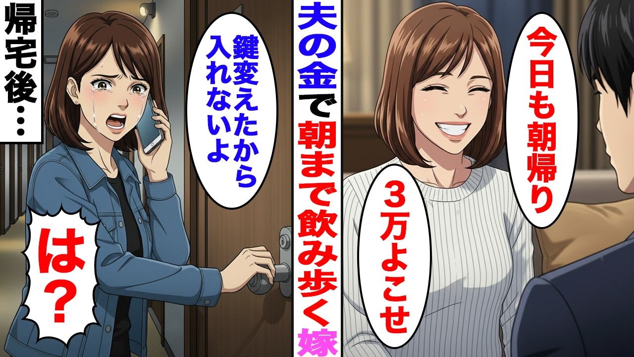 【漫画】「朝まで飲んでくるw」夫の金で飲み歩く学生気分のままの嫁→夫がドアの鍵を変えた結果…【スカッと】【ママスカ】