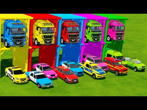 TRANSPORTING ALL POLICE CARS and AMBULANCE EMERGENCY VEHICLES WITH MERCEDES POLICE TRUCKS ! FS22