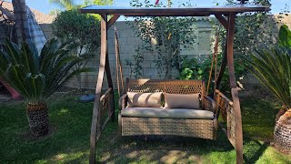 PURPLE LEAF Patio Porch Swing Chair with Canopy Hand-Woven Wicker w/Solar LED Light |QUICK OVERVIEW|