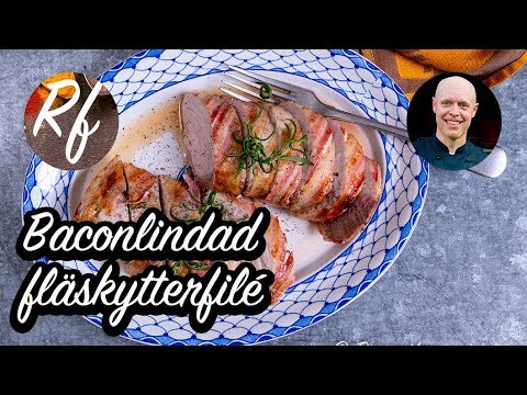 Baconlindad fläskytterfilé som blir extra saftig av bacon och får god smak från timjan och svartpeppar. Här med förslag på tillbehör som potatisgratäng, grönsallad med mera.  >