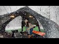 Heavy snow camping in 9kg inflatable hot tent alone relaxing - snowfall - ASMR