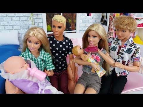 Two Barbie Two Ken Two Baby Morning Bedroom Bathroom Routine in a Doll House. Baby doll set. Video