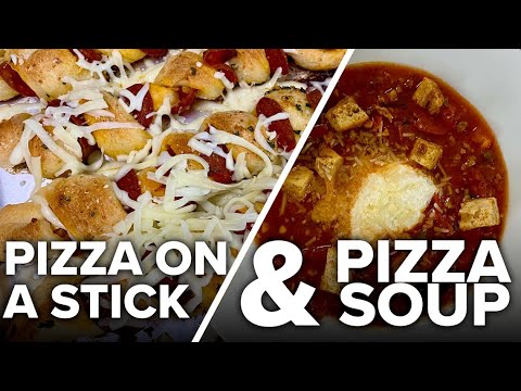 Pizza Soup with Garlic‑Butter Pizza Skewers