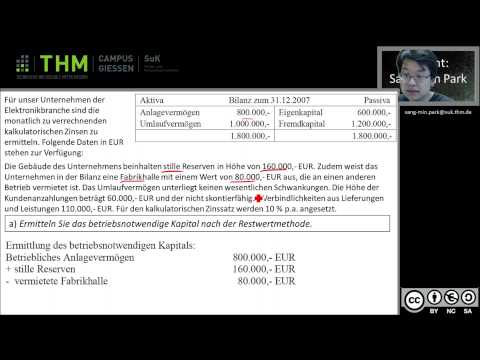 KLR Beispiel Ermittlung betriebsnotwendiges Kapital und kalkulatorische Zinsen