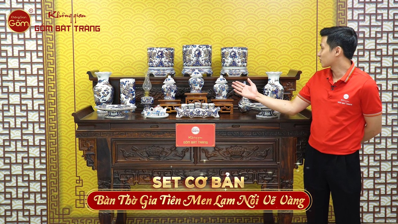 [Set Cơ Bản] Bộ Đồ Thờ Gia Tiên Men Lam Nổi Vẽ Vàng (15 món)