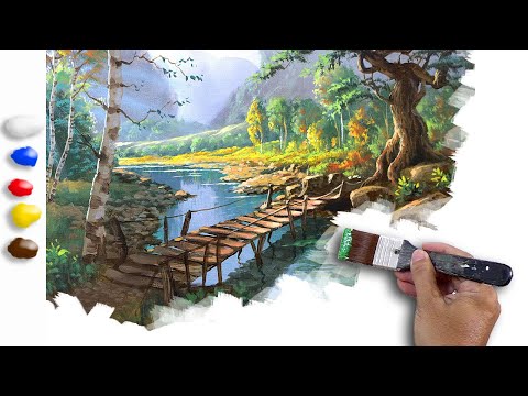 Acrylic Painting Nature Scenes | Wooden Bridge in the River | Time-lapse | JMLisondra