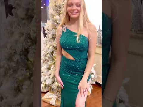 Emerald Side Cutout Glitter Jersey Fit & Flare Prom Dress w/ Crystal Beading & One Shoulder Neckline