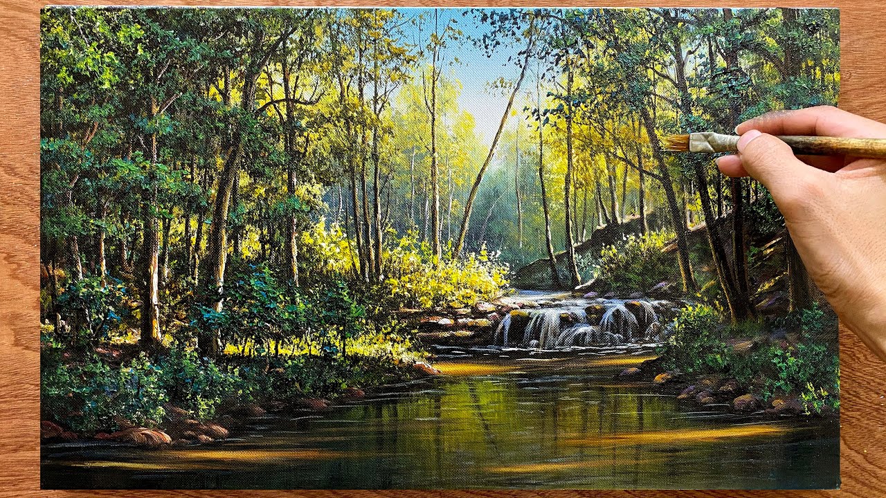 How to draw sunlight shining in the forest / Acrylic landscape painting technique / A Lu Art.