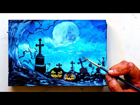 Halloween Moonlight Graveyard | Acrylic Landscape Painting for beginners