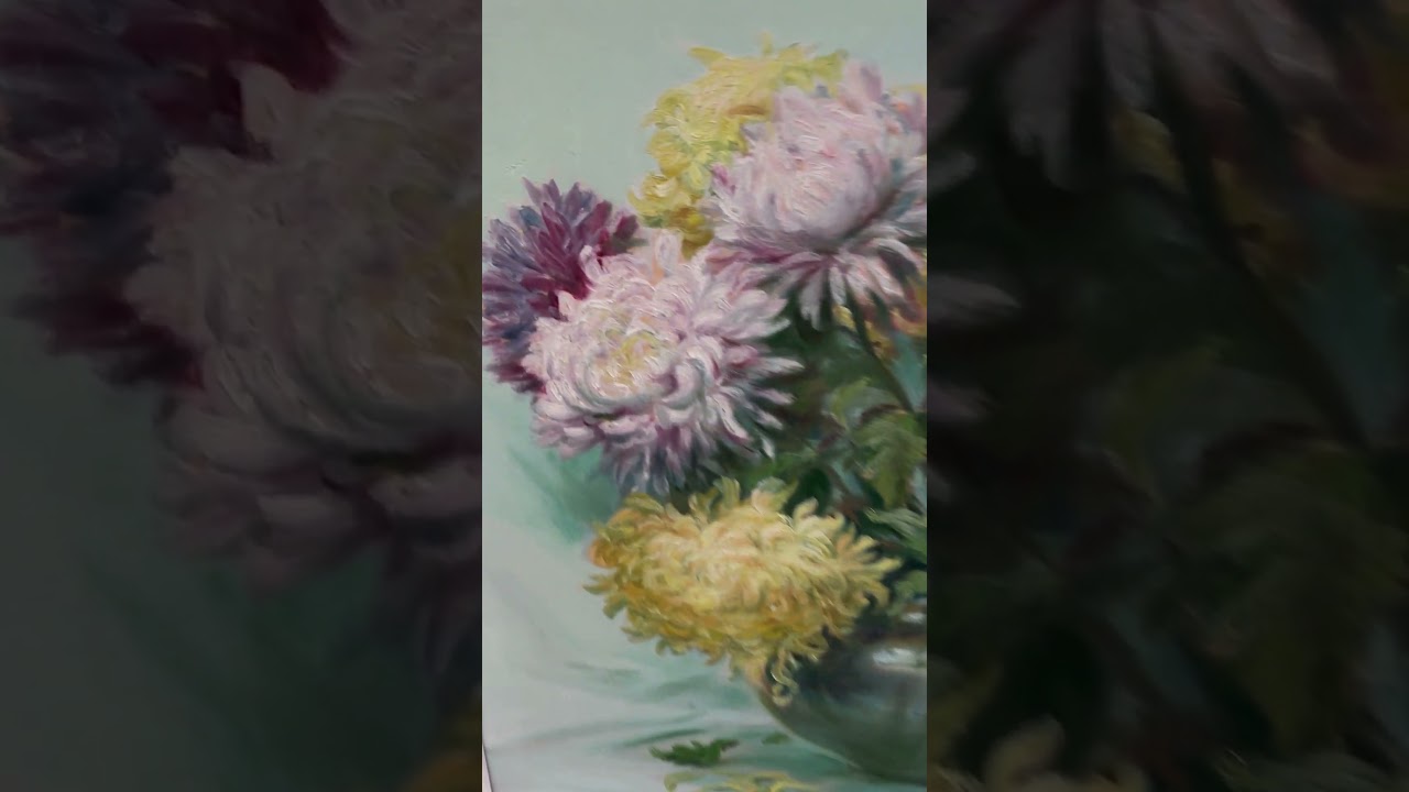 Grande nature morte de chrysanthèmes signée Paul Remy, huile sur toile #proantic