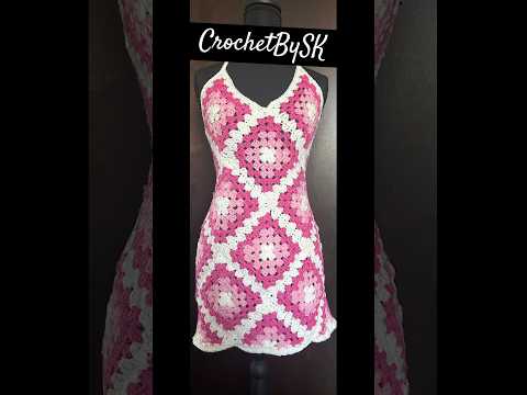 Crocheted Granny Square Pink & White Dress #CrochetShorts #HandmadeFashion #CrochetBySK