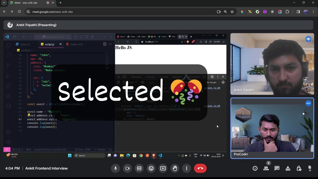 Selected as Frontend Engineeer | 1 Year Experienced Interview | JavaScript and React