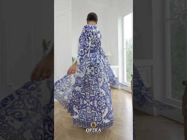 فستان مشجر ازرق اكمام طويله