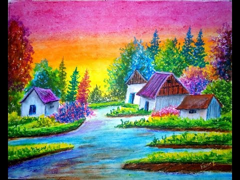 Oil pastel drawing for beginners | Landscape scenery drawing for beginners with oil pastel Video