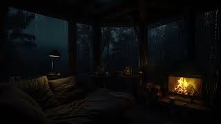 A Rustic Cabin with Rain Tapping on the Cabin Roof | Warm Fire Sounds for Stress Relief