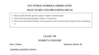 DAV Class 7 English Half Yearly Question paper 2023-2025 of Odisha Zone, DAV English question Paper.