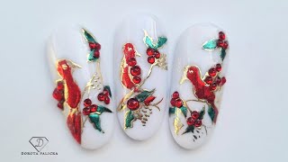 Christmas jewellery nail art with transfer foil and chrome. Xmas Bird nail art 
