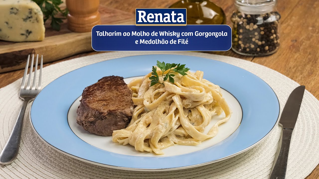 Talharim ao Molho de Whisky com Gorgonzola e Medalhão de Filé