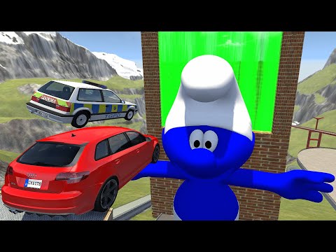 Crazy Vehicle High Speed Jumps Over Giant Smurf Into Green Slime Water Wall - BeamNG.drive  Jumps