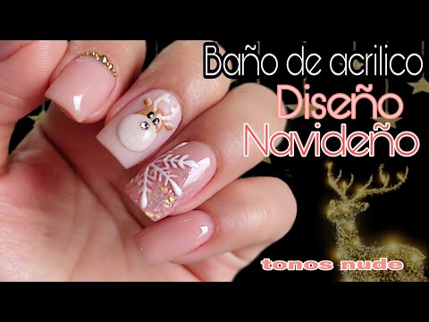 Baño de acrílico En uña Natural /Diseño Navideño🦌❄️/Nude