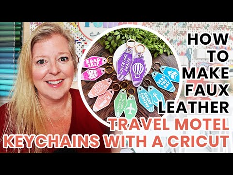 Part of a video titled How to Make Faux Leather Travel Motel Keychains with a Cricut