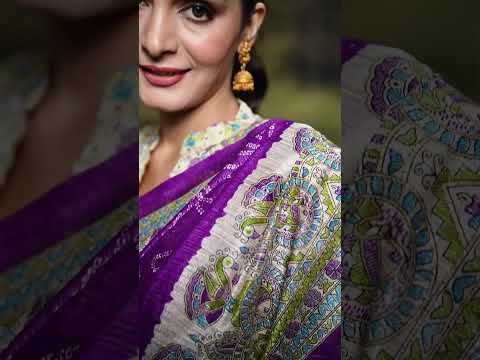 Purple Fusion of Madhubani and Bandhej Green Silk Saree with Unstitched Blouse