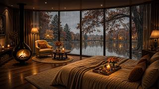 Rainy Lakeside Jazz 🌧️🍁 Cozy Bedroom & Warm Fireside | Relaxing Jazz for Reading & Focus