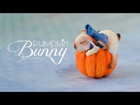Cute tiny Halloween white bunny sleeping on a pumpkin 🐇 Polymer clay tutorial