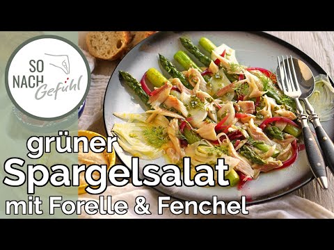Erfrischender Spargelsalat mit Fenchel, Bohnenhummus und Forelle. Tolles Frühlingsessen!
