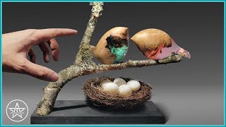How to Carving a Wood Epoxy Resin Sparrow Bird Diorama | DIY Sculpture Art Project