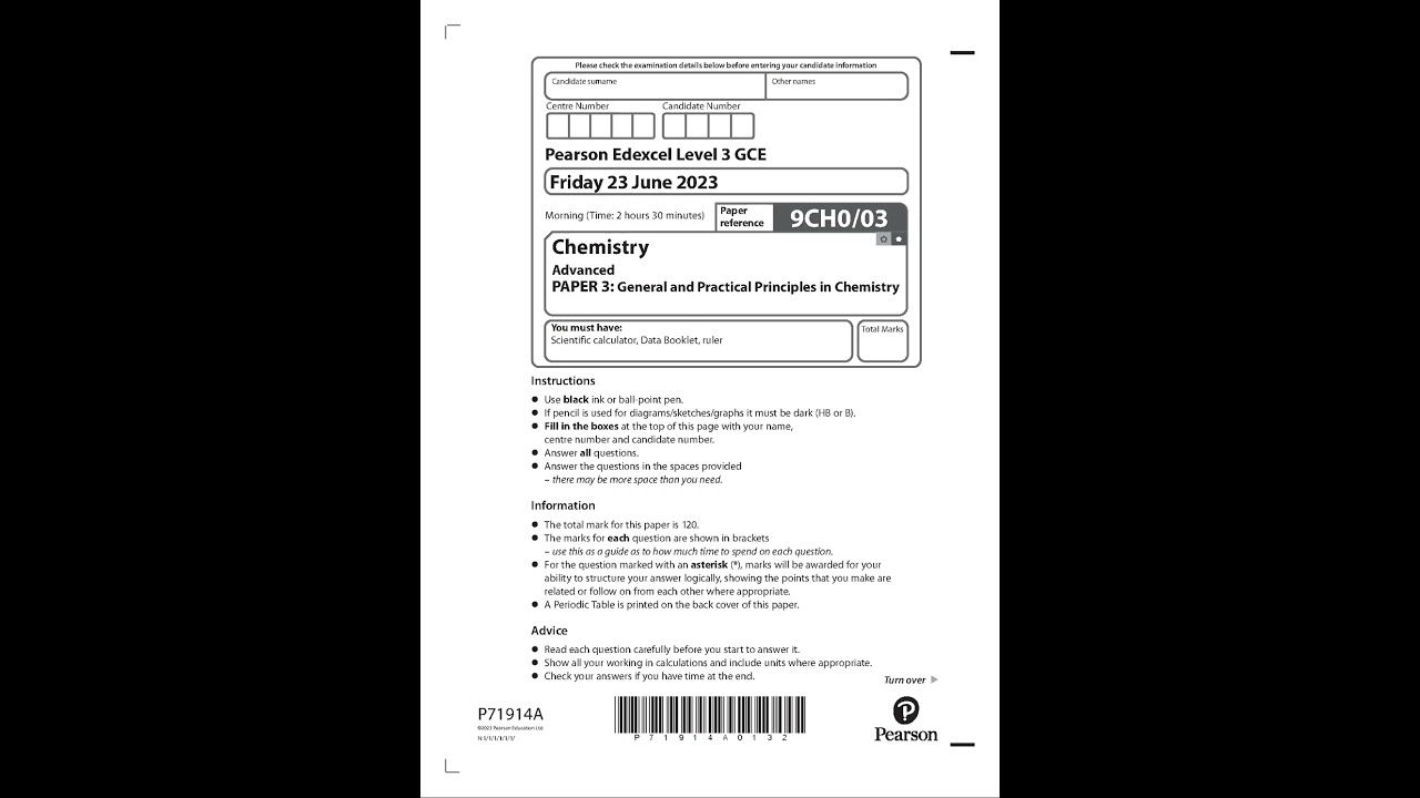 PEARSON EDEXCEL A LEVEL CHEMISTRY PAPER 3 2023 (9CH0/03: General and Practical Principles