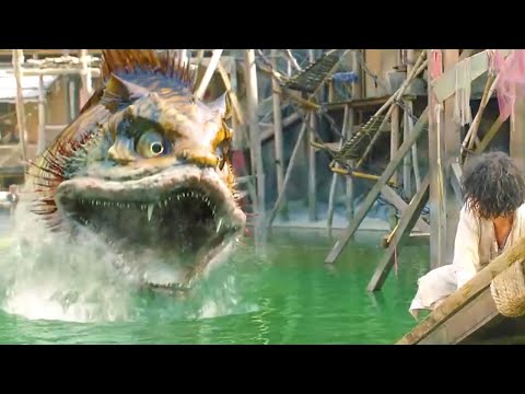 El pez monstruo ataca y se come a la gente en un pueblo de pescadores