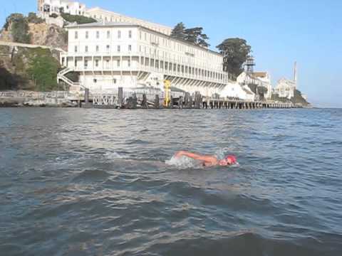 Brief clip of swimming past Alcatraz during 16 mile San Francisco Bay swim