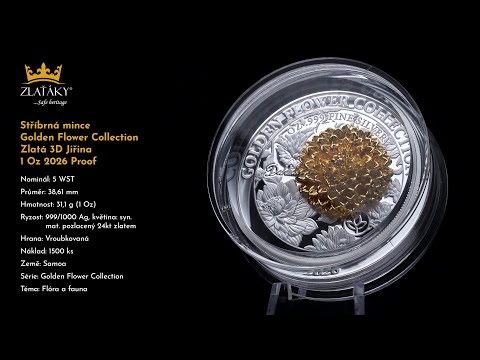 Stříbrná mince Golden Flower Collection - zlatá 3D Jiřina 1 Oz 2026 Proof