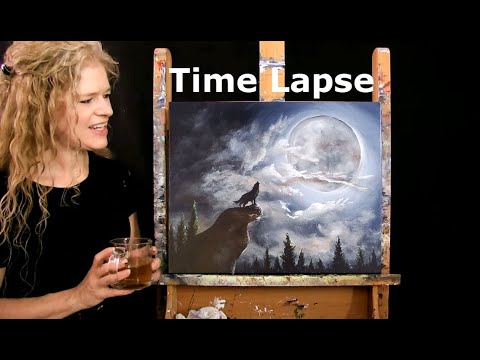 TIME LAPSE Learn How to Paint HOWLING AT THE MOON with Acrylic - Fun Landscape Step by Step Tutorial