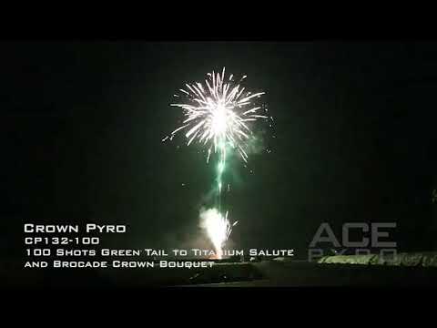 CP132-100 Crown Pyro 100 Shots Green Tail to Titanium Salute and Brocade Crown Bouquet