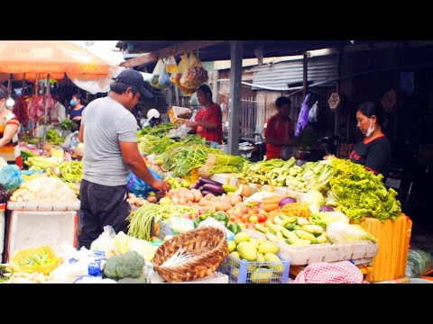 Countryside, evening vegetables market activities people, Cambodia street food.