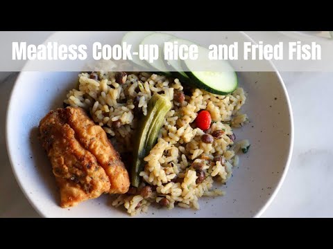 Meatless Pigeon Peas Cook-up Rice with Okra and Fried Fish