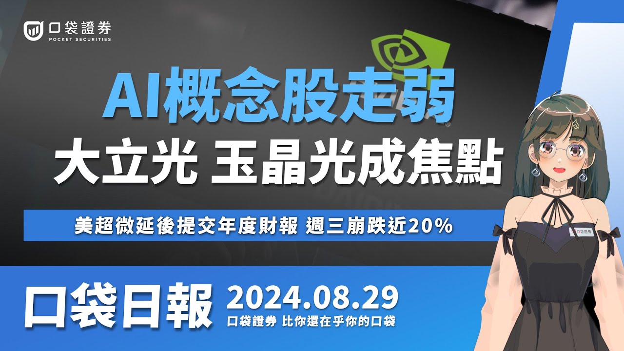 【口袋日報】台股AI族群走弱,大立光、玉晶光成盤面焦點,美超微(SMCI)延後提交年度財報,週三崩跌近20%!2024.08.29
