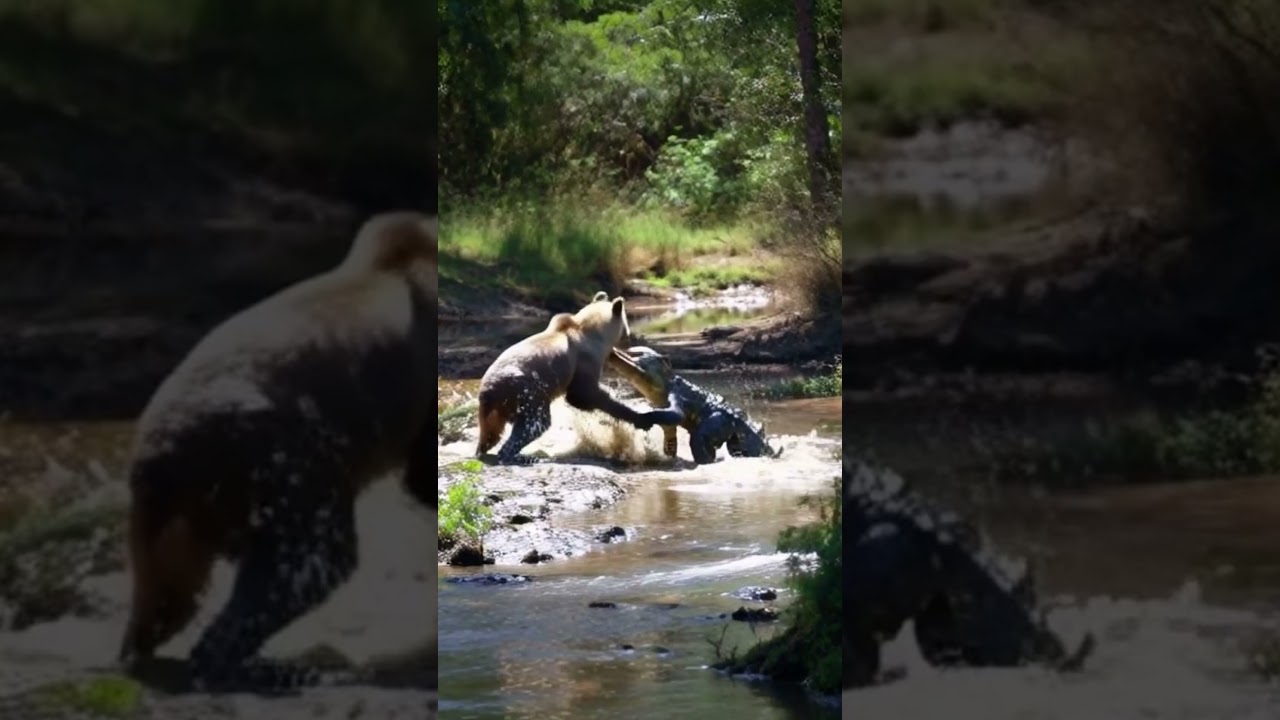 The bear attacks the crocodile 熊がﾜﾆを襲う #shorts #wildlife #nature #animals