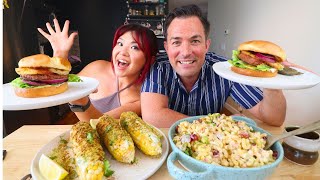 VEGAN MUKBANG: BURGERS, MACARONI SALAD & STREET CORN (Vegan BBQ) | Munching Mondays Ep.136