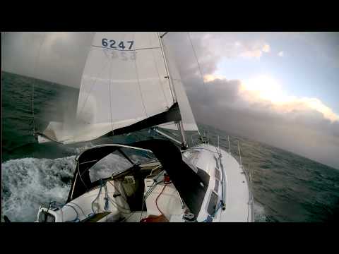 Bavaria 36 sailing in strong winds and steep seas in Moreton Bay, Brisbane