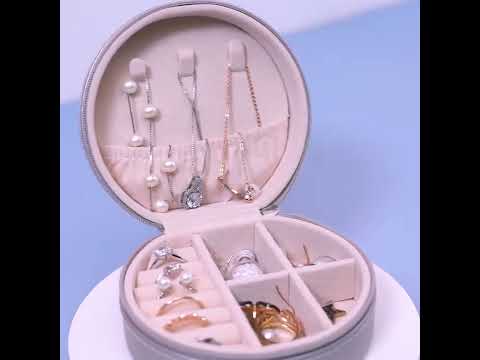 Round Jewelry Box Organizer, Jewellery Organiser PU Leather Zipper Portable Storage Box.