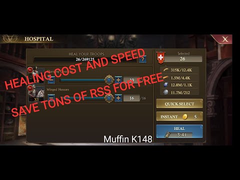 Muffin K148 - How to save TONS of rss after KVK FOR FREE - Healing cost, Healing speed Guns of Glory