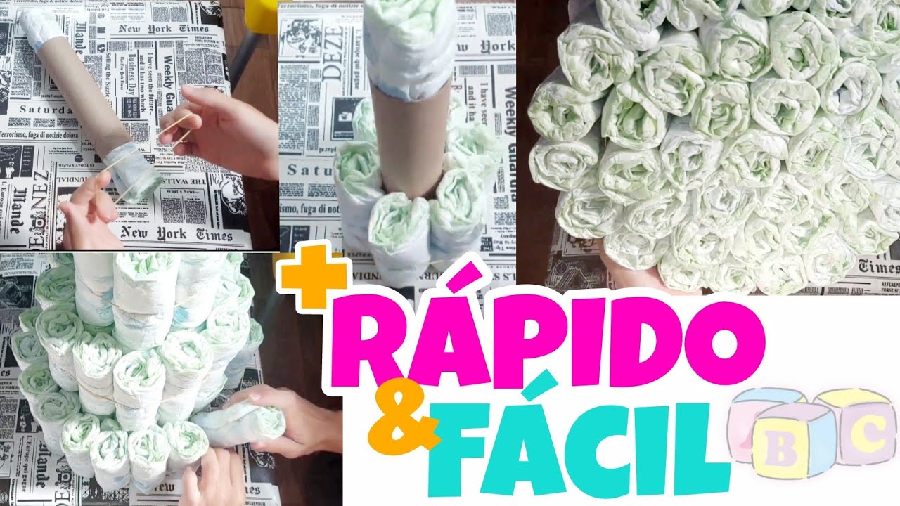 Como fazer bolo de fraldas para chá de bebê ou chá revelação de 3 andares passo a passo fácil rápido