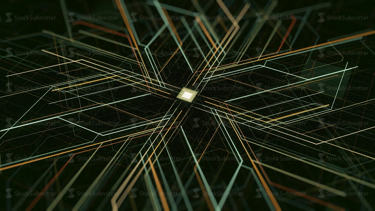 Circuit board with moving electrons, CPU processing data. Animation. Abstract visualization of