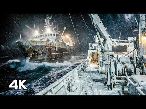 Winter Blizzard at Sea with Fishing Vessels | Ocean Sounds for Sleep