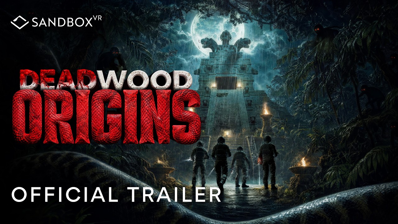 Deadwood Origins key art: four armored soldiers walk toward a jungle temple at night under a full moon, with a giant snake coiled in the foreground and the title in red scaled lettering