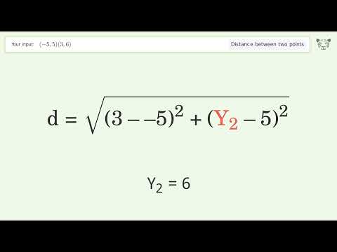 Find the distance between two points p1 (-5,5) and p2 (3,6): Step-by-Step Video Solution