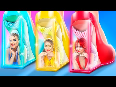 Roze vs Blauw vs Gele Meisjes! Zeemeerminkleuruitdaging voor 24 Uur